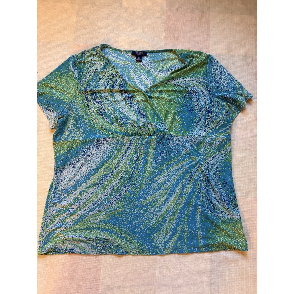 Chaps Women's 2X Plus Size Blue Green Abstract Print Short Sleeve Blouse Top—1